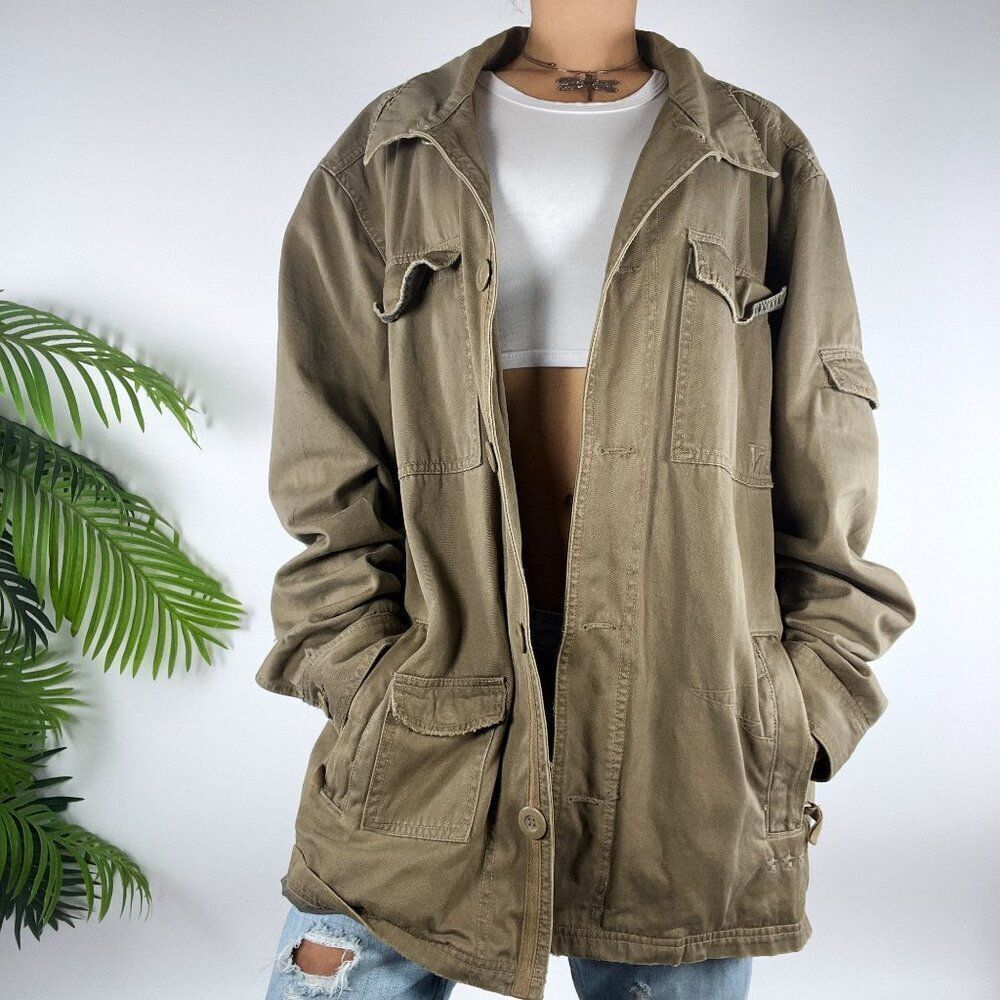 Vintage 90s Grunge Gorpcore Khaki Oversized Military Style Button Jacket / XL